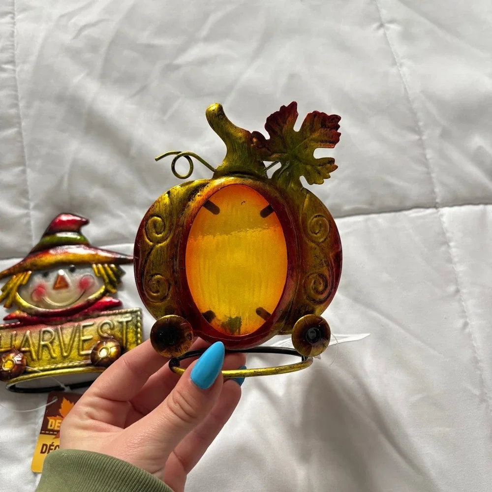 NWT Greenbrier International Fall Metal Pumpkin Scarecrow 3 Sun Catchers Sitters